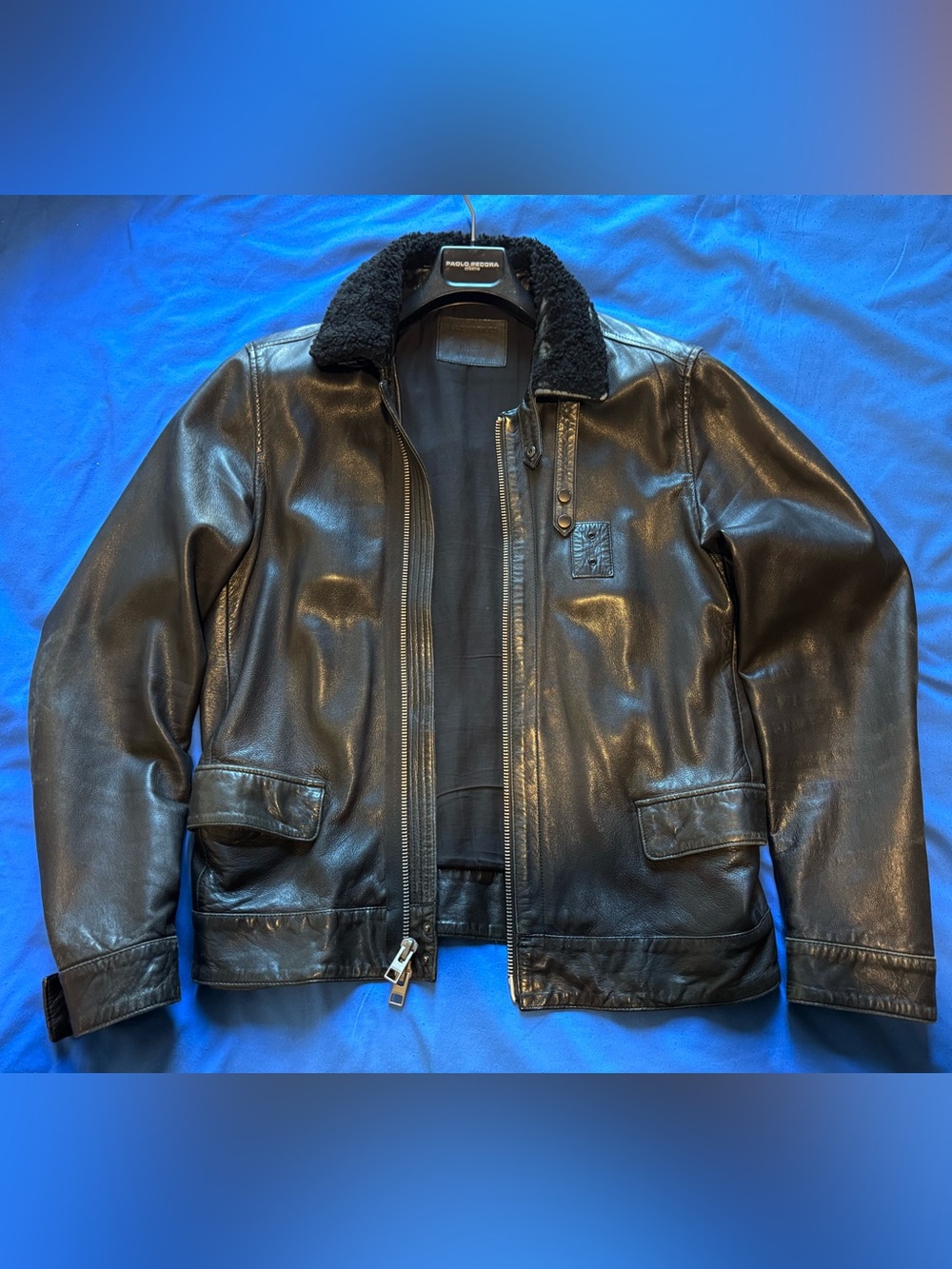 All Saints Black Leather Bomber Jacket with Shearling Collar
